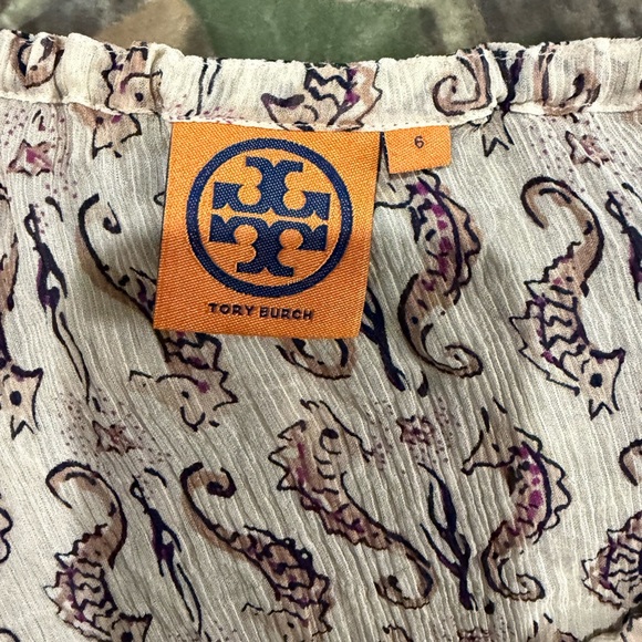 TORY BURCH Seahorse Print SOPHIE SILK TUNIC LONG SLEEVE Sheer Size 6 Preppy - Picture 8 of 9